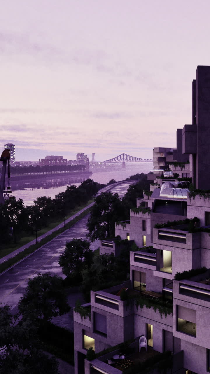 Vista de uma cidade perto de um rio com edifícios ao entardecer e uma ponte distante.