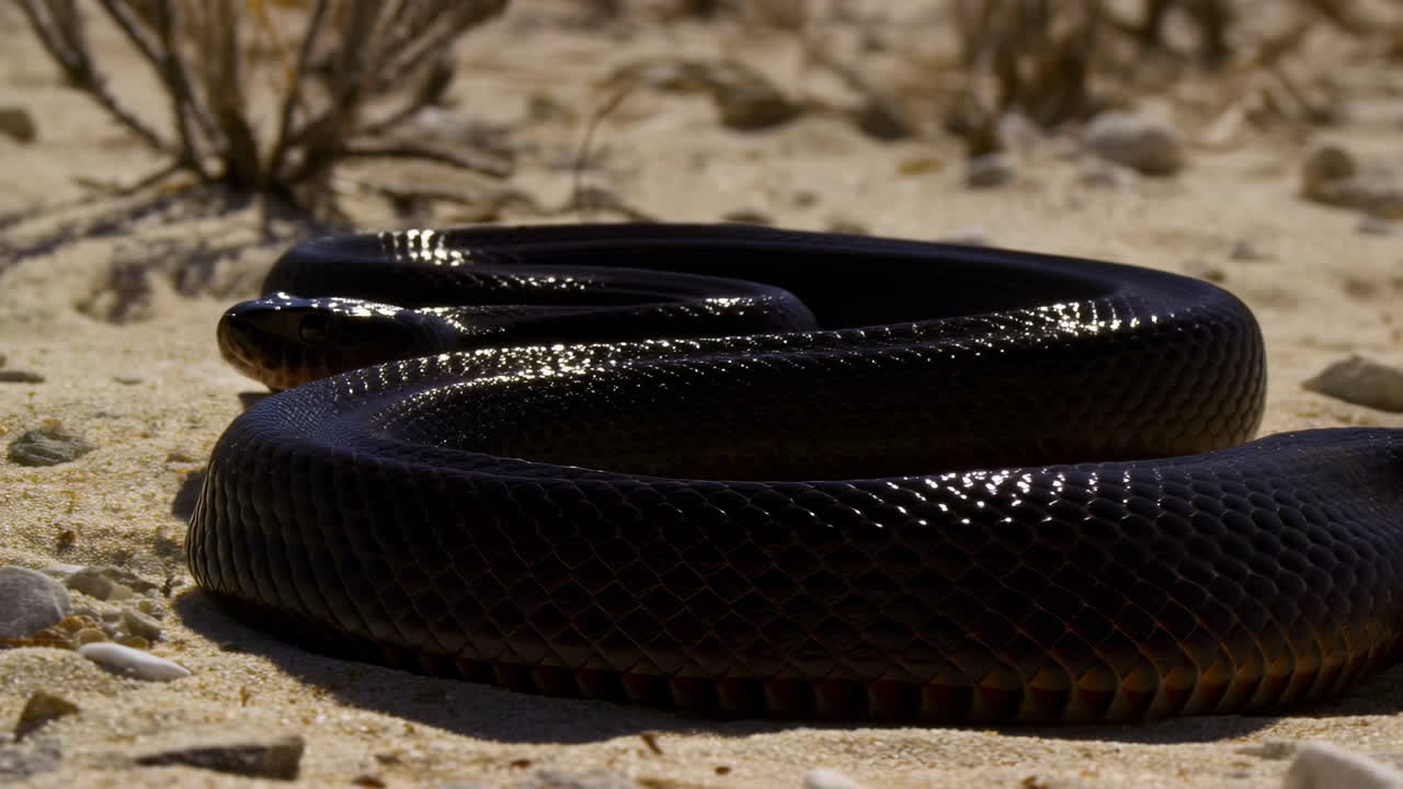 Primo piano di un serpente nero arrotolato su terreno sabbioso