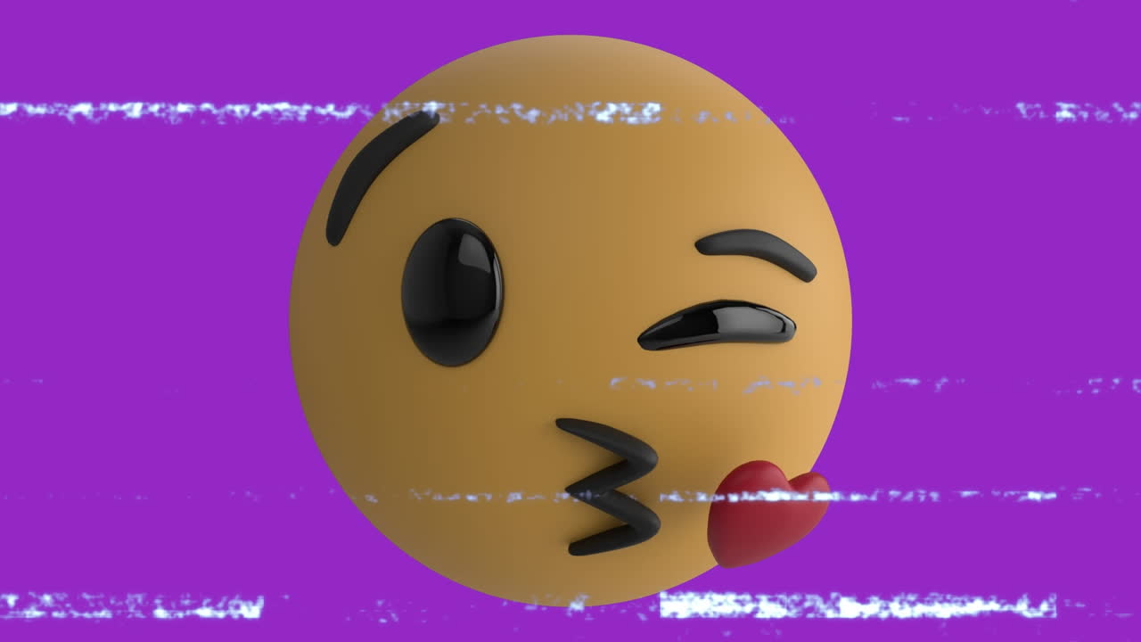 Animation of kissing emoji icon over screen with noise