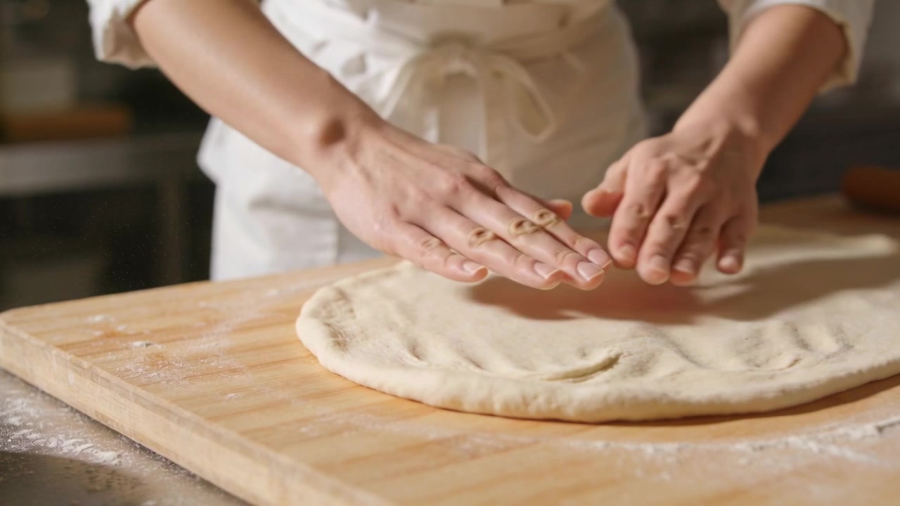 Placing dough woman in white-chef-apron pressing, shaping rim on flour board at kitchen for baking