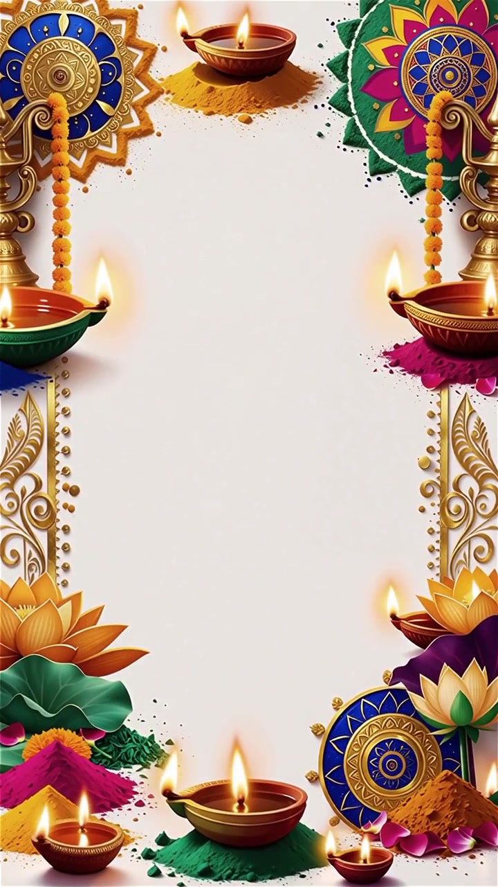 Sfondo Diwali con Diyas luminosi, Rangoli e fiori di loto