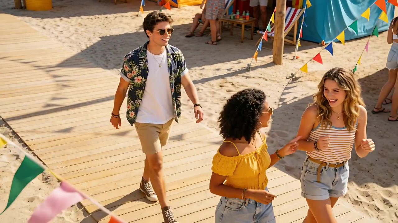 3 amigos caminhando no calçadão da praia depois que um homem entra pela esquerda, vestindo uma blusa amarela em direção à barraca