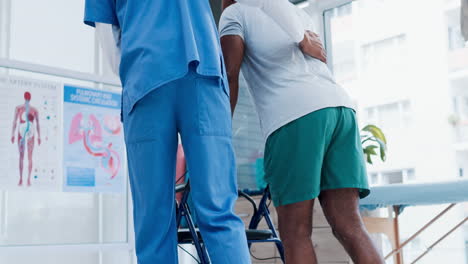 senior care, support and physiotherapist with man