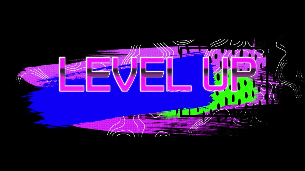 Animation of level up text over shapes on black background