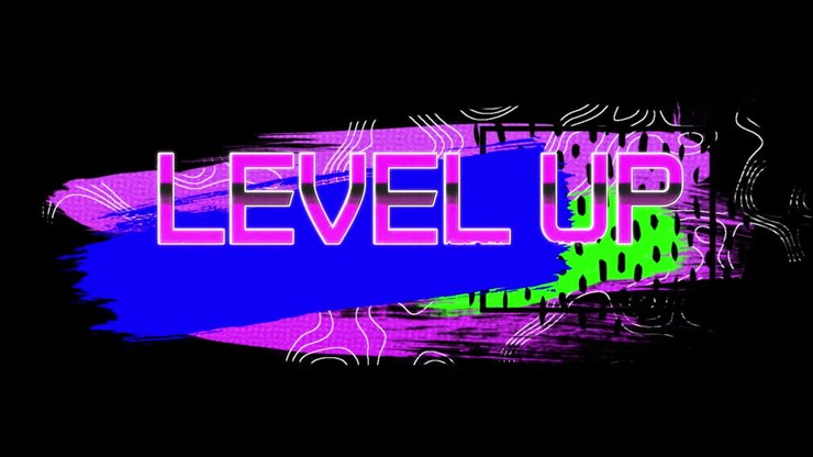 Animation of level up text over shapes on black background
