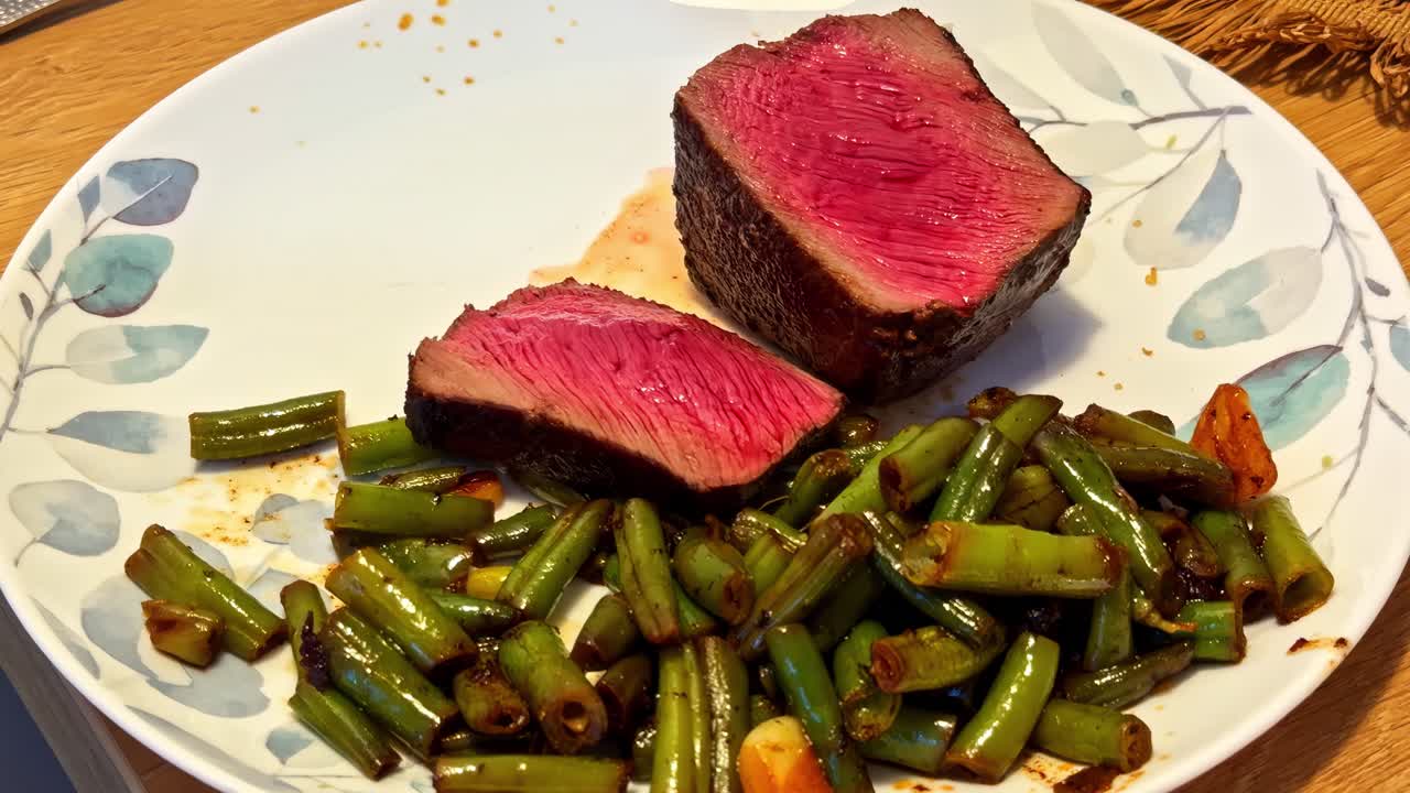 Medium-rare Steak-Scheiben, serviert mit sautierten grünen Bohnen auf einem Teller, mit saftigem rosa Kern und einfacher Präsentation eines hausgemachten Abendessens.