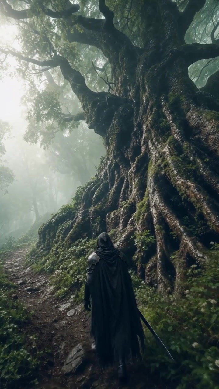 Un misterioso guerriero incappucciato che cammina attraverso una nebbiosa foresta antica