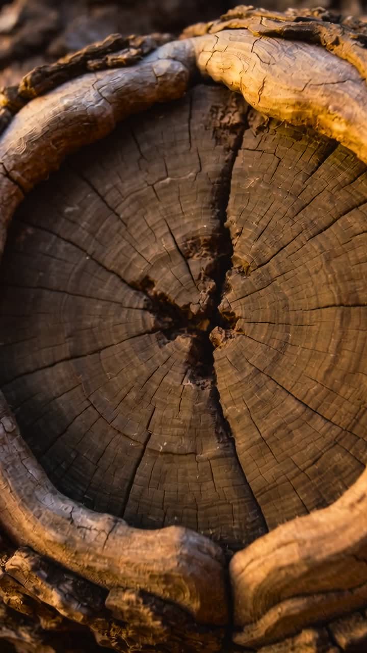Video verticale: Telecamera che si allontana rivelando un nodo di ceppo nel bosco, mostrando gli anelli di crescita e una crepa a stella.