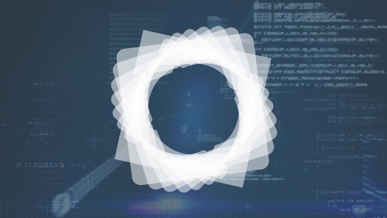 Animation of white shapes over data processing on black background