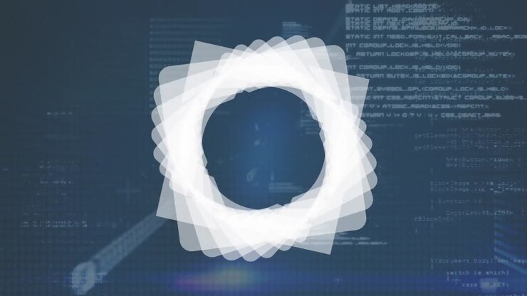 Animation of white shapes over data processing on black background