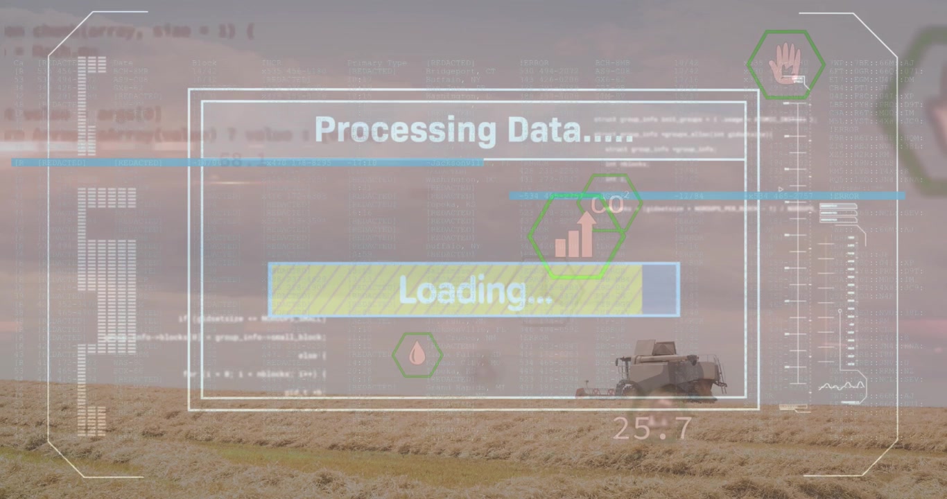 Animation of texts with loading bars over icons and computer language, vehicle on field against sky