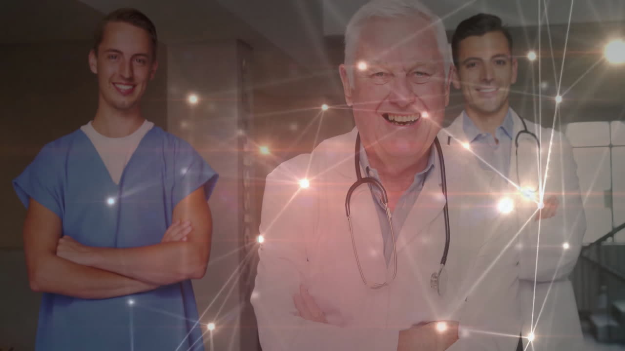 Smiling doctors with stethoscopes over network of glowing connections animation