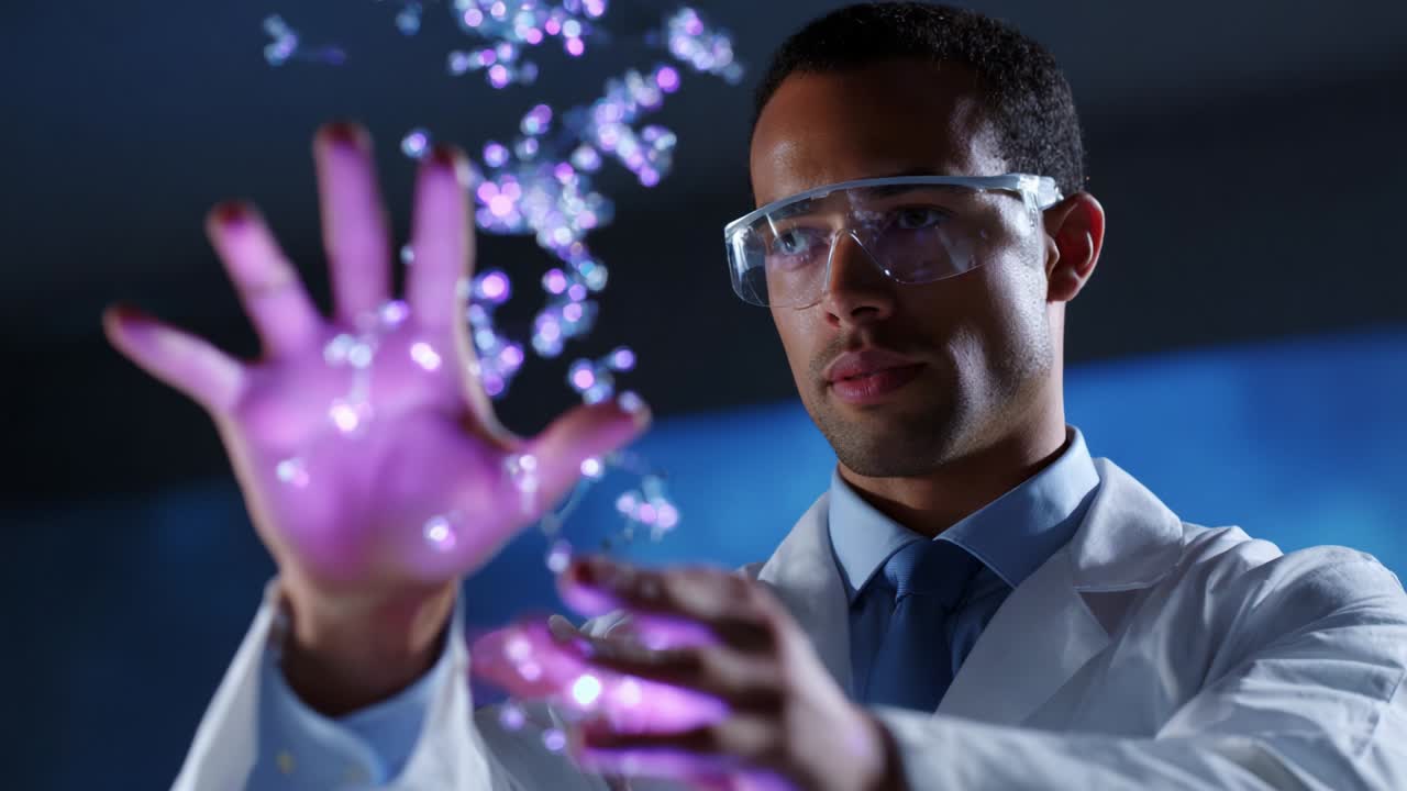 A scientist in a lab coat interacts with vibrant glowing particles, showcasing innovative experiments involving light and matter, emphasizing the blend of technology and curiosity in scientific exploration
