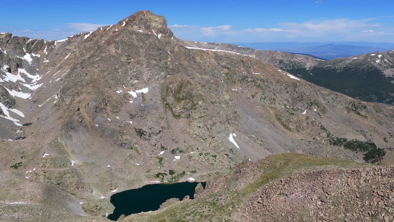 Morning daytime sunny blue sky summer Mount of the Holy Cross 14er peak wilderness Sawatch Range aerial drone Colorado Rocky Mountains Bowl of Tears lake Halo Ridge Notch Mountain circle left pan up