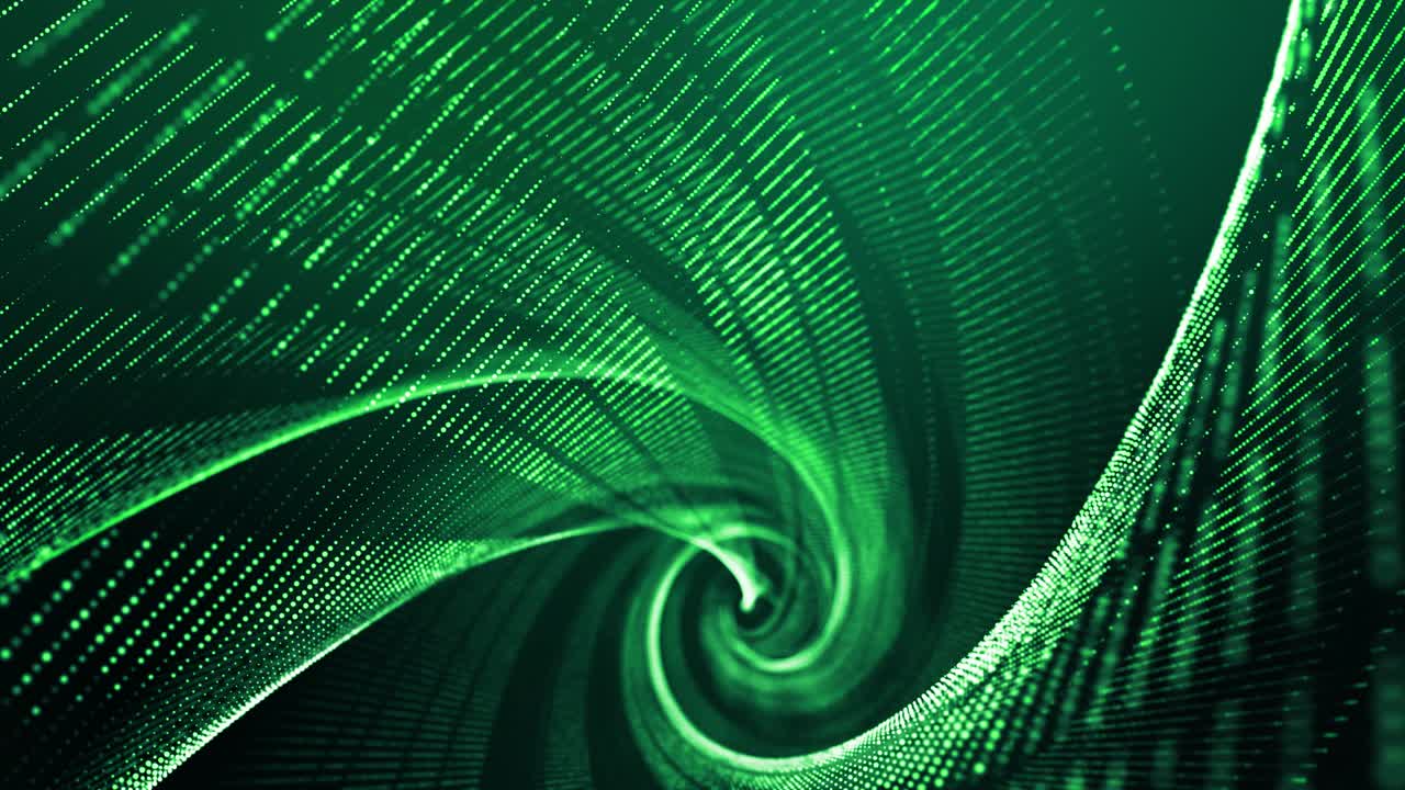 4k looped abstract green background of glow particles form lines, surfaces, spiral structures as futuristic landscape in cyberspace or hologram. Sci-fi theme with DOF, lighting effects and bokeh.