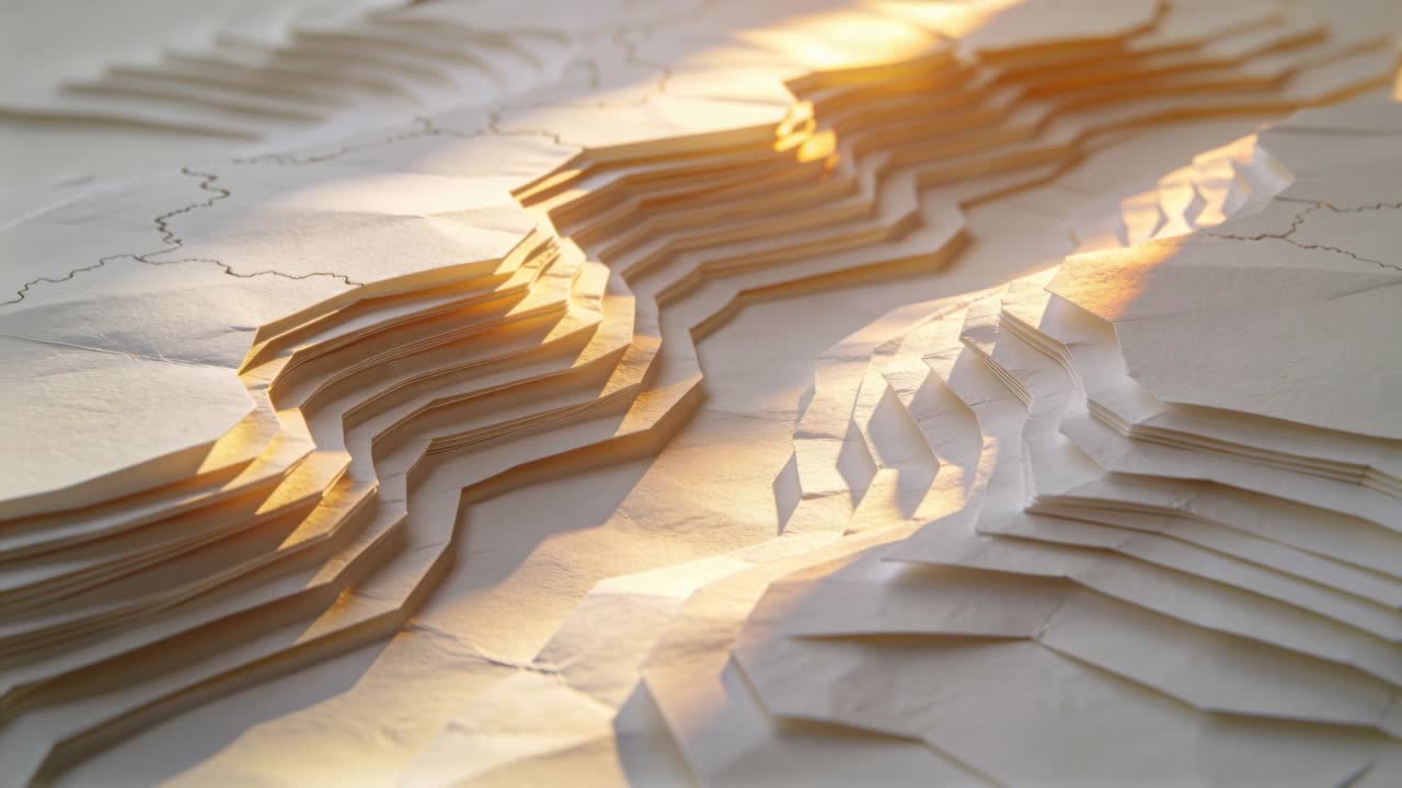 Shifting warm light and camera pullback revealing paper terrain model on tabletop exposing creases