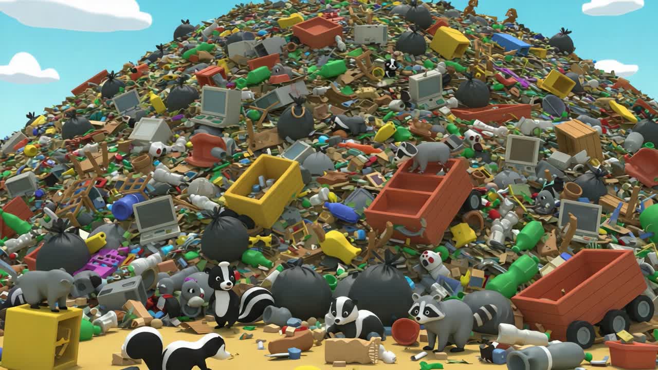 A Colorful Mountain of Waste: Animated Characters Explore a Vibrant Trash Heap Filled with Objects and Creatures in a Whimsical Environment