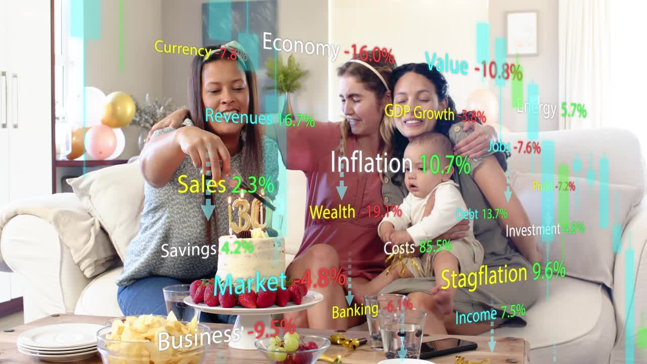 Left woman lighting 30 candles, group leaning, blowing, baby reaching, finance bars rising birthday