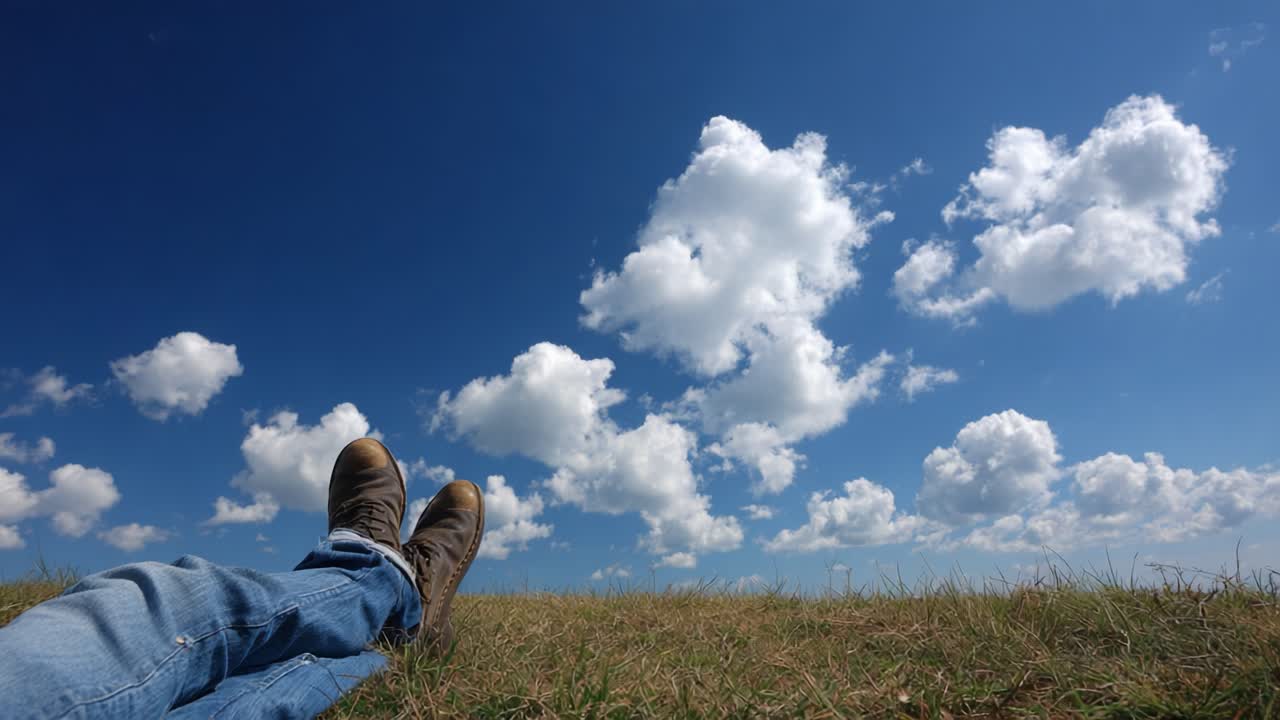 Relaxing in Nature: A Peaceful Perspective of Sky and Footwear Combining Serenity with the Atmosphere Above