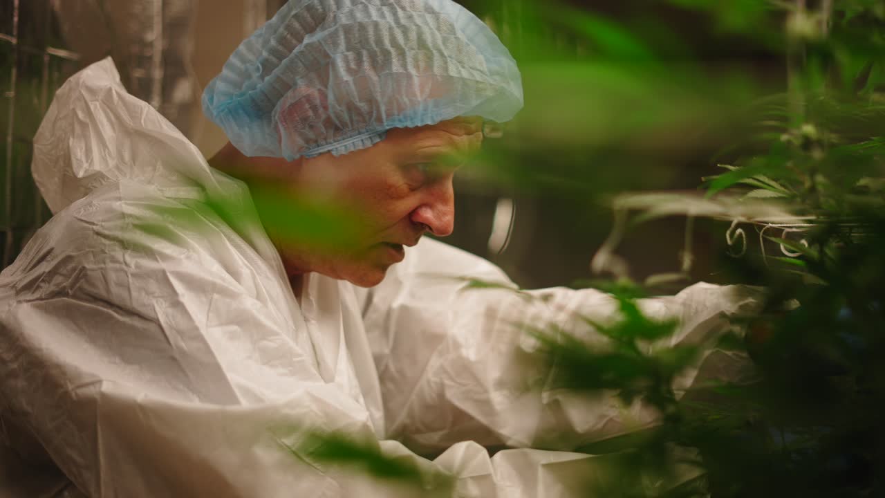 Cannabis Grower Inspecting Plants in Indoor Facility