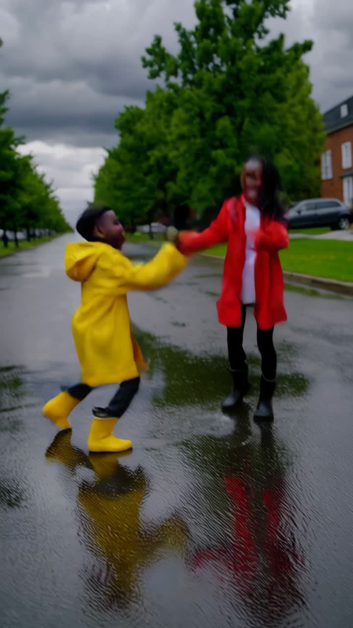 Children happily jumping in raincoats on a wet street