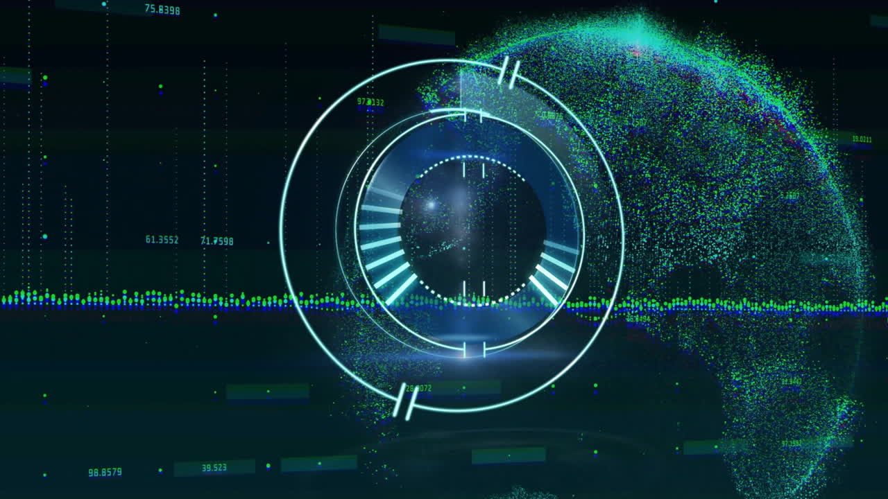 Animation of digital globe with data visualization and futuristic interface elements