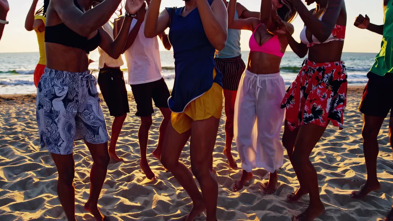 Low-angle video capturing a group of friends joyfully dancing on a sunlit beach