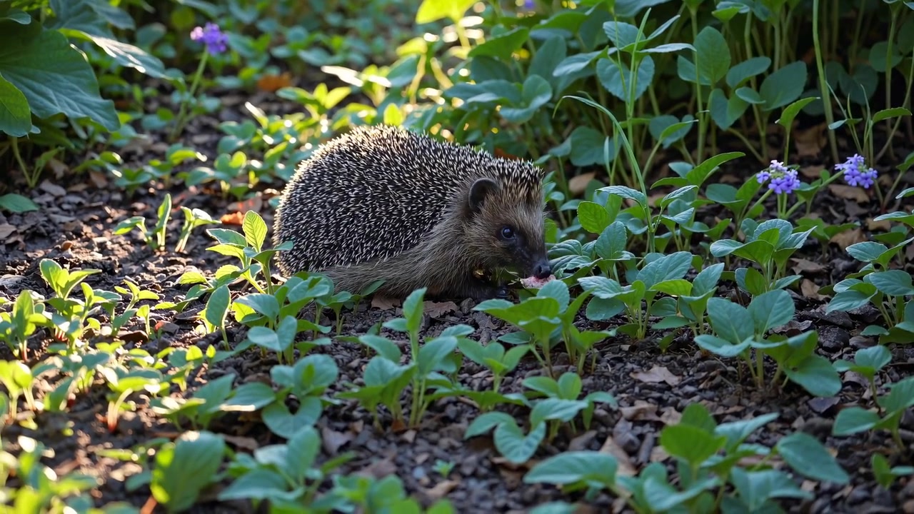 Kleiner Igel auf Nahrungssuche in einem üppig grünen Garten