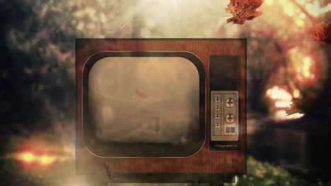 vintage television and falling autumn leaves 4k