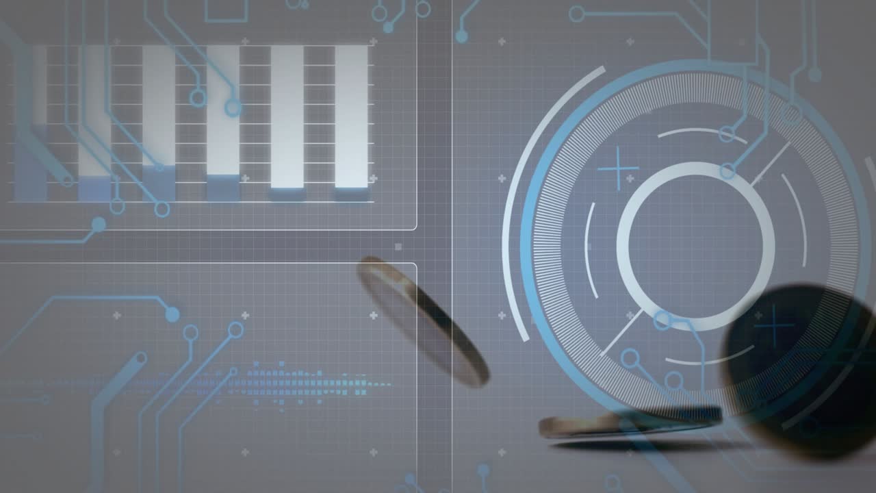 Stak vises og adskilles, mønter spinner nedad over statisk HUD, visualiserer dataflow.