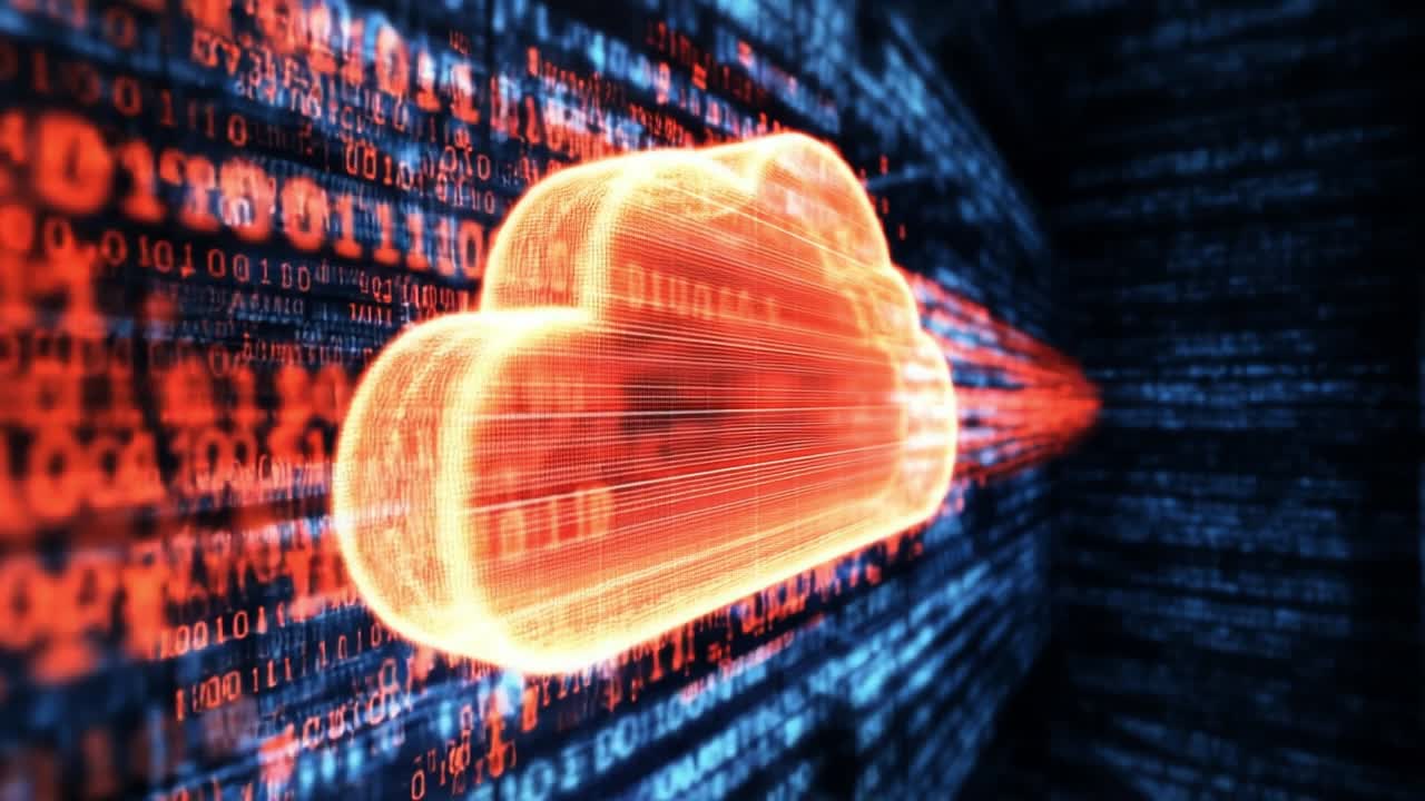 Cloud tech reshaping data flow. Visual representation of cloud technology illustrating data transfer and storage with glowing elements and binary code.