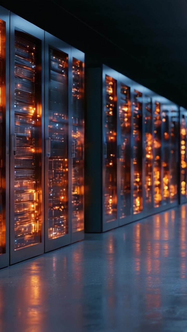 En imponerende udsigt over et avanceret datacenter fyldt med oplyste serverracks, der viser banebrydende teknologi og innovativt design i et mørkt miljø