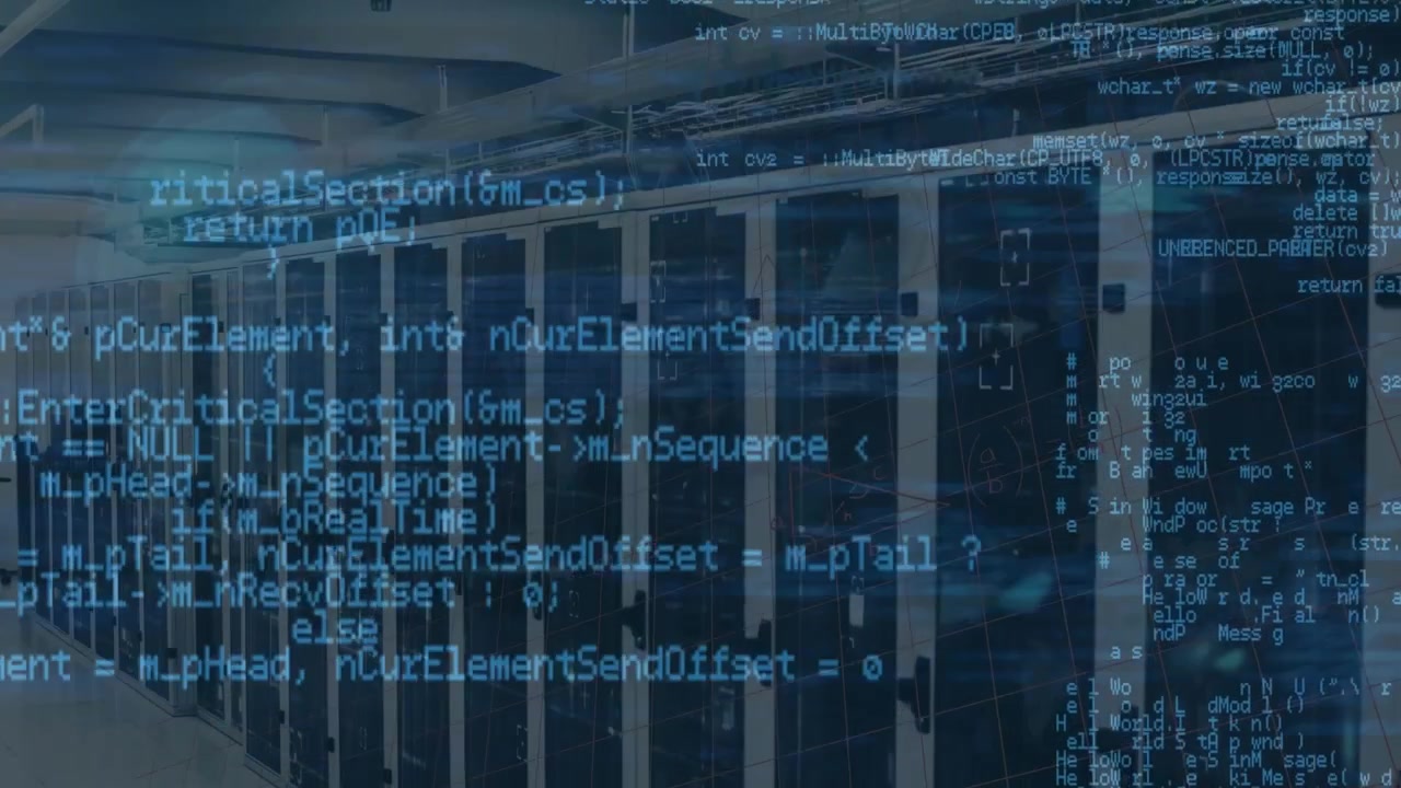 Data Center Server Room with Overlaid Programming Code