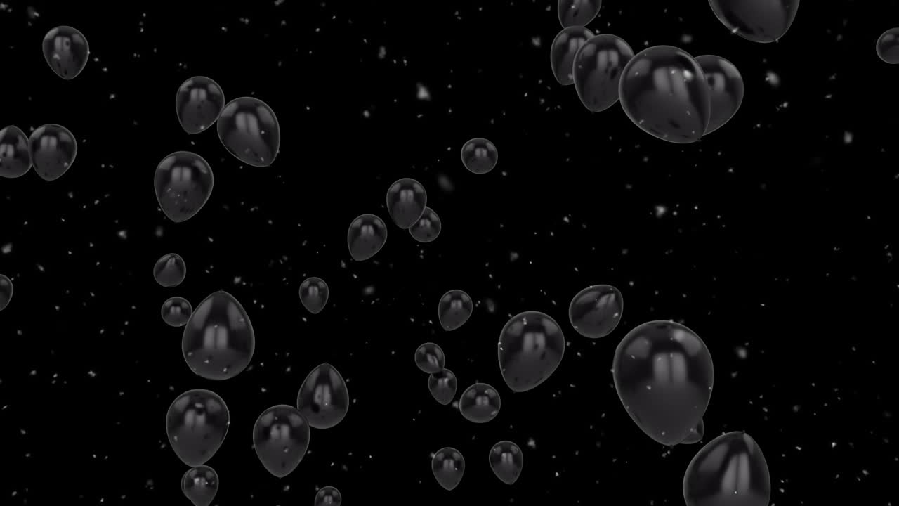 Animation von aufsteigenden schwebenden transparenten Ballons und fallendem Konfetti auf schwarzem Hintergrund