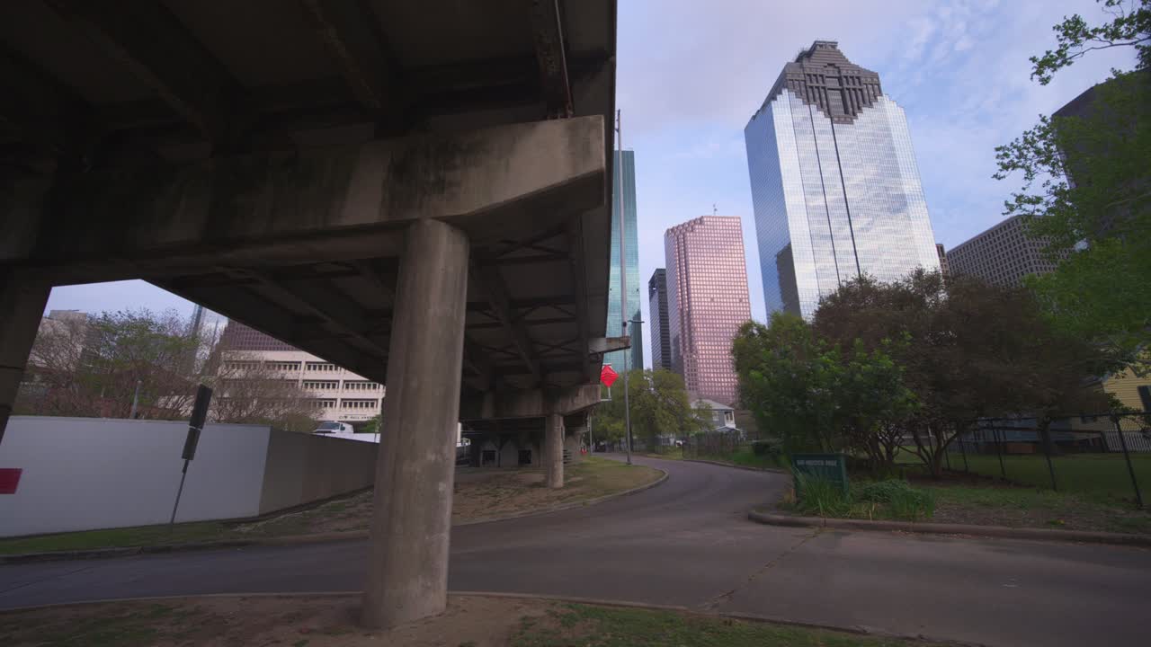 Establishing Shot of Downtown Houston with Park Landscape