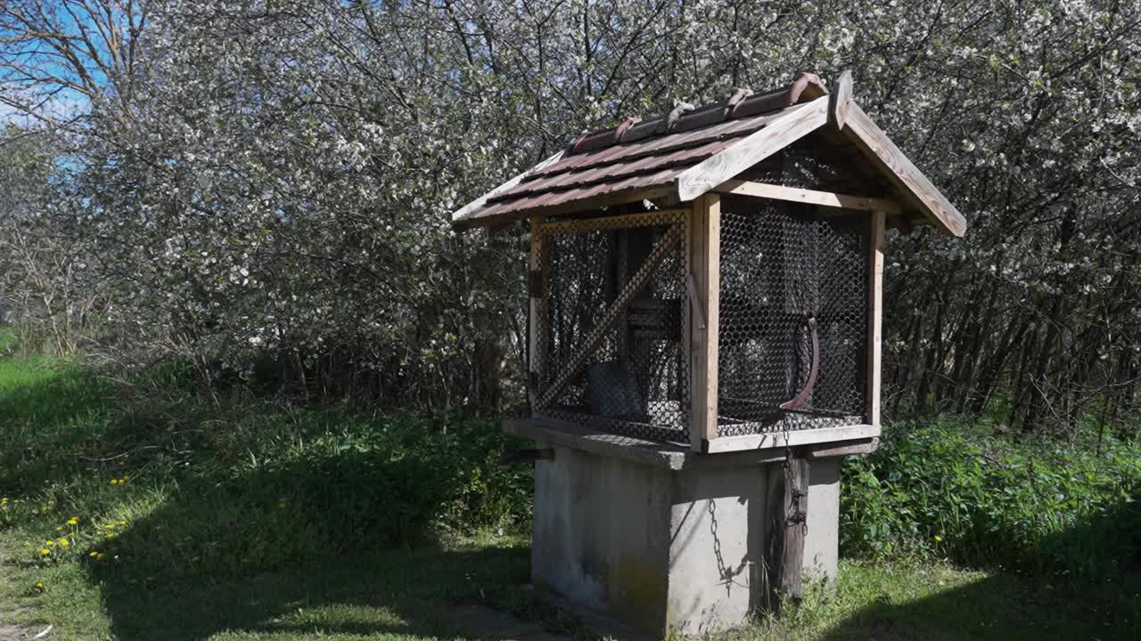 Close-up of a wooden rural water well surrounded by flowering bushes