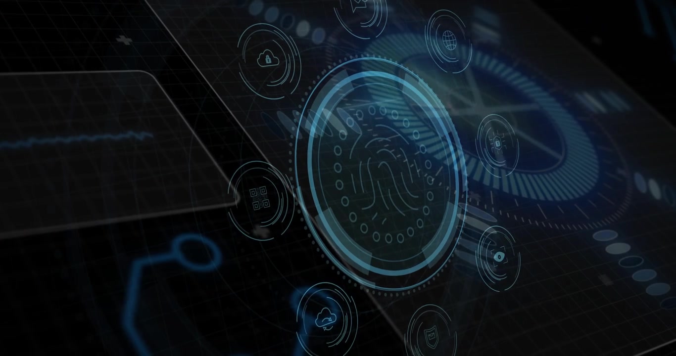 DATA PROTECTION badge appearing, central fingerprint HUD forming rings and scanning to secure data