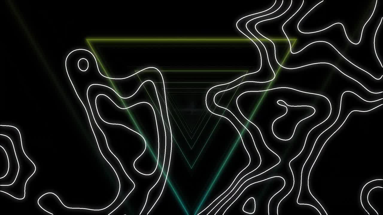 Animation of white contour lines over flashing green and yellow neon triangles, moving on black