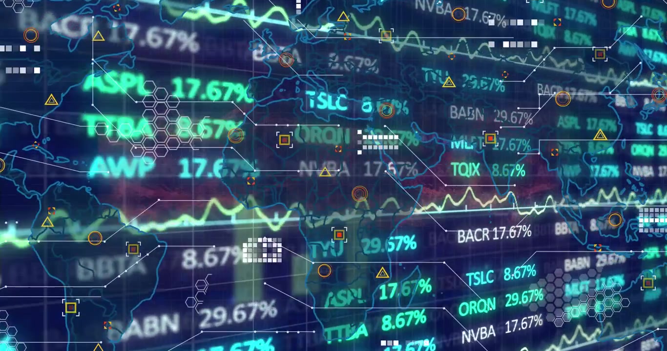 Animation of financial data processing over dark background