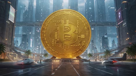 a stunning visualization of bitcoin dominating a futuristic cityscape, showcasing high-tech architecture and modern transportation in a dazzling urban environment