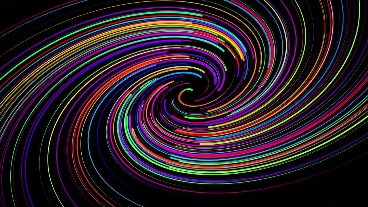 4k에서 세련된 창의적인 추상적인 배경: 회전하는 경로를 따라 회전하는 나선형으로 회전하는 색의 선; 모션 디자인: 선, 나선형 및 추상적인 구조를 형성하는 입자의 bg; 3d 렌더링