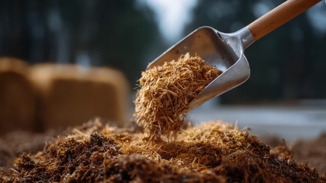 Harvested Organic Material Being Scooped and Spread onto a Surface, Capturing the Essence of Agricultural Practices and Natural Soil Enrichment Techniques