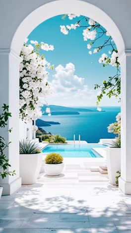 ocean view pool with white architecture and flowers