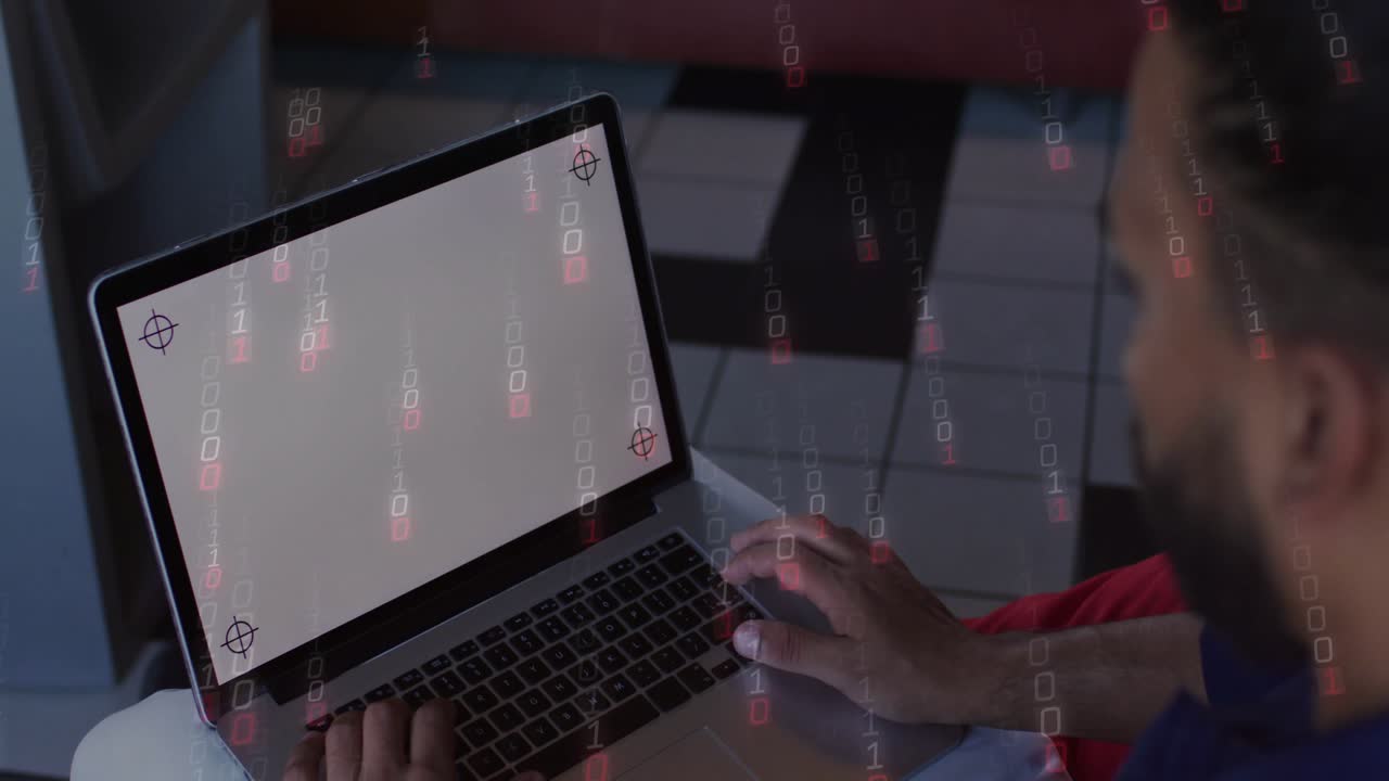 Man using laptop trackpad and keyboard in home tech causing red lock overlay showing security risk