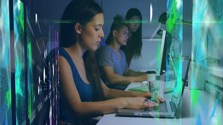 Animation of data processing over diverse business people in office