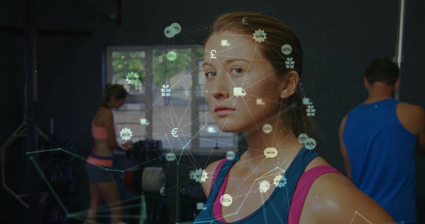 Camera zooming into gym member and emphasizing network and currency icons pulsing for fitness tech