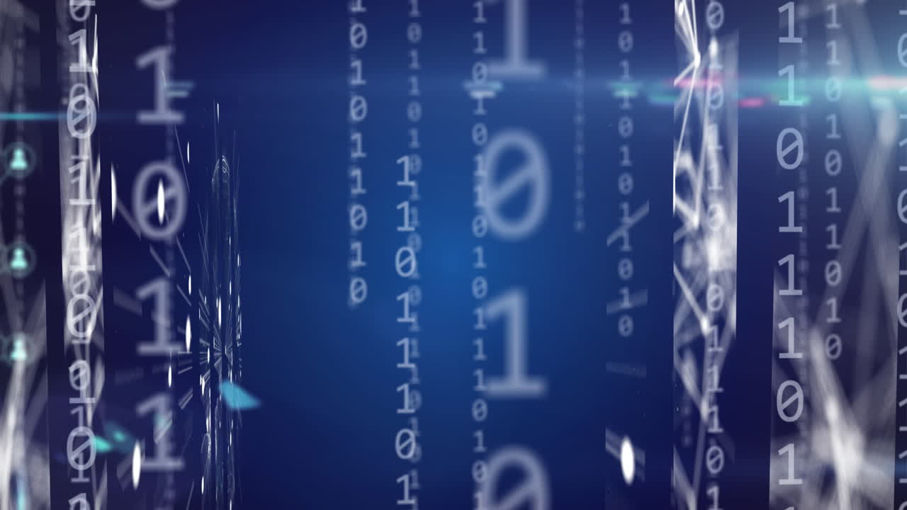 animación de iconos digitales, codificación binaria y procesamiento de datos