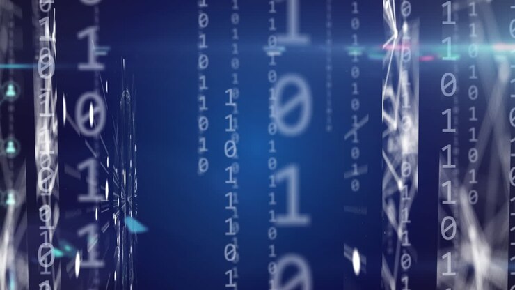 Animation of digital icons, binary coding and data processing
