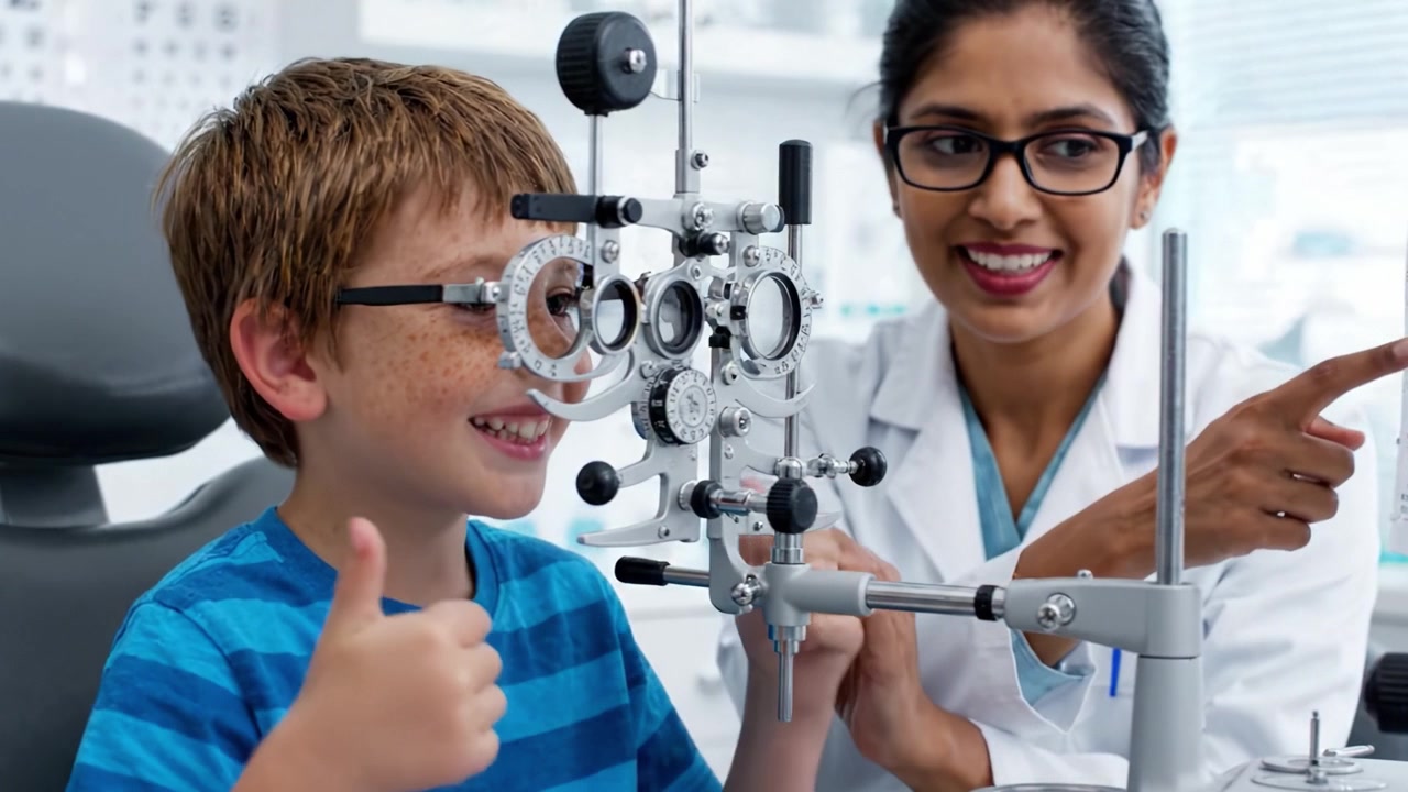 A Child's Eye Examination: An Optometrist Assesses Vision and Prescribes Glasses Using a Phoropter in a Friendly Clinic Environment