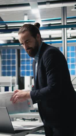 vertical video executive manager in suit conducting an inspection in a solar panel factory